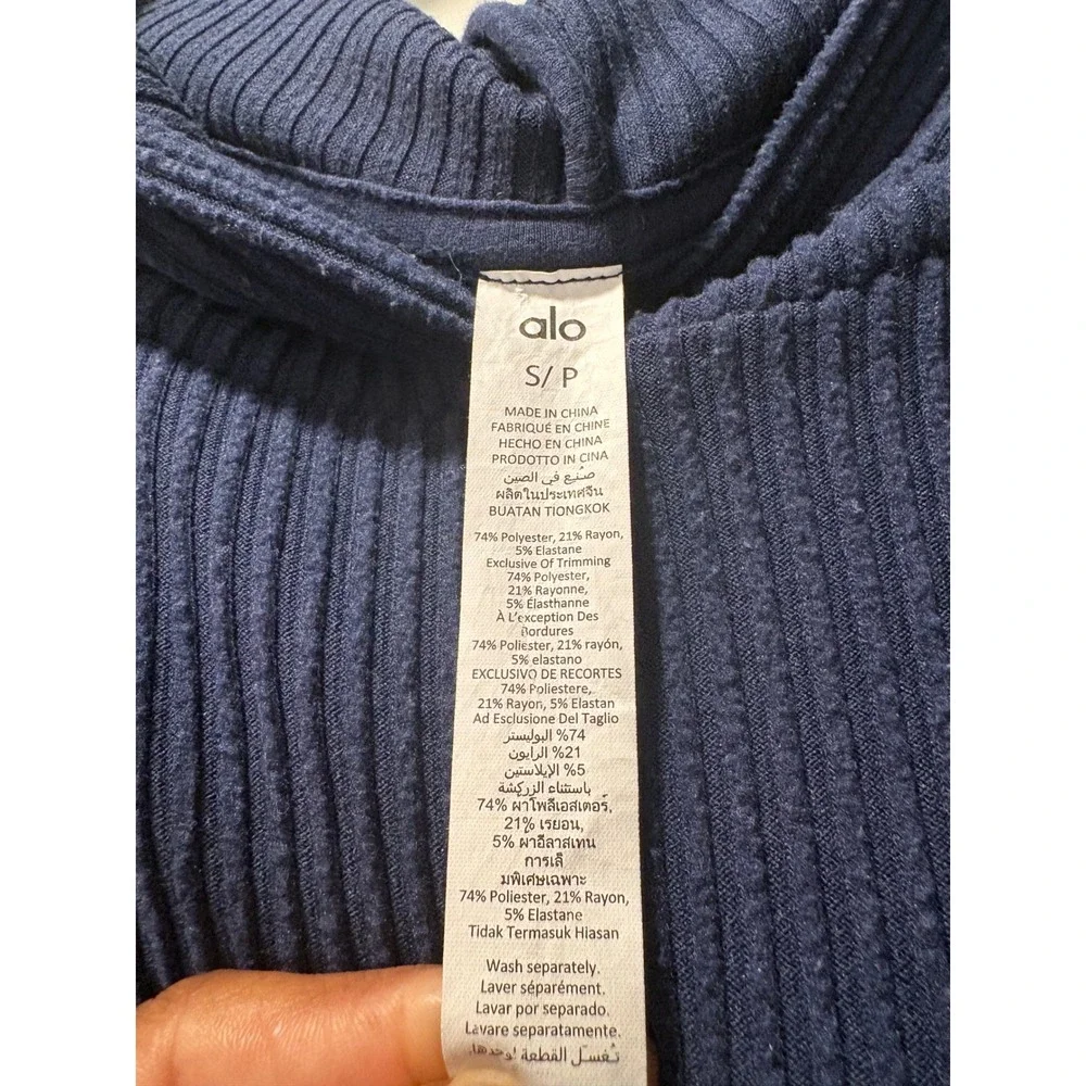 Alo Yoga Muse Hoodie Navy Blue Ribbed Cropped Pullover Sweatshirt Womens S